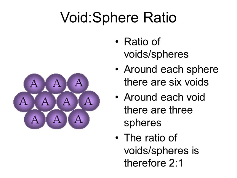 Void:Sphere Ratio Ratio of voids/spheres Around each sphere there are six voids Around each